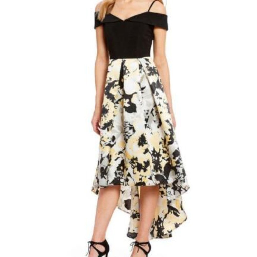 MARINA Yellow & Black Printed Mikado High Low Gown sz 6. - Picture 3 of 8